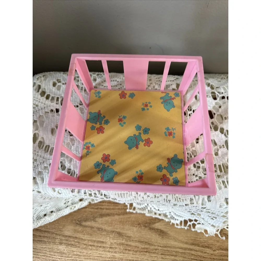 Vintage Goldberger Doll Mfg. Pink Plastic Crib With Bears & Flowers on Yellow